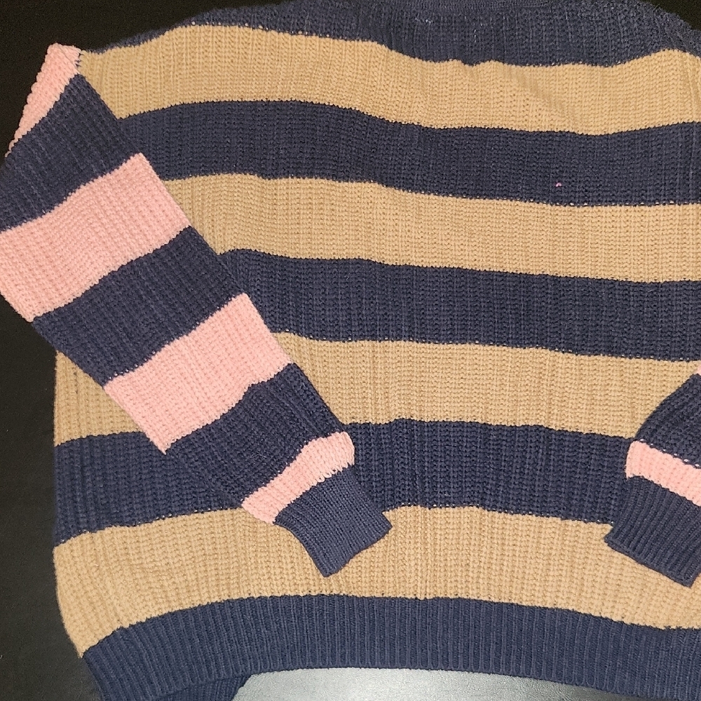 Navy and Tan Striped Classic Buttonup Small Casual Cardigan Sweater - Picture 6 of 7